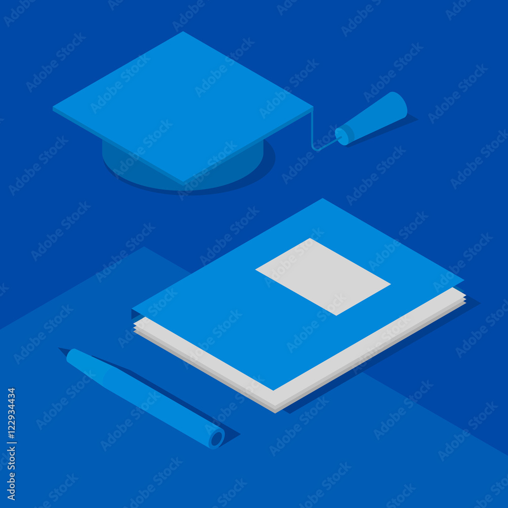 Graduation cap, papers in folder and pen. Concept of academic study or science. Isometric 3D vector clip art in blue colors. Graduation cap, papers in folder and pen. Concept of academic study or science. Isometric 3D vector clip art in blue colors.
