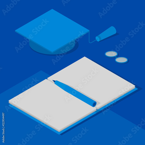 Graduation cap, open book with pen and glasses. Concept - scientific degree, success in science, study. Isometric 3D vector clip art in blue colors.