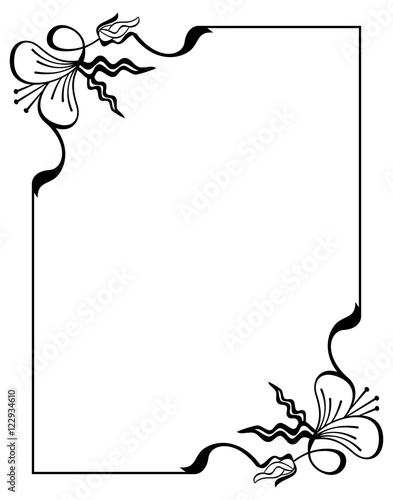 Silhouette flower frame. Simple black and white frame with abstract flowers.Vector clip art.