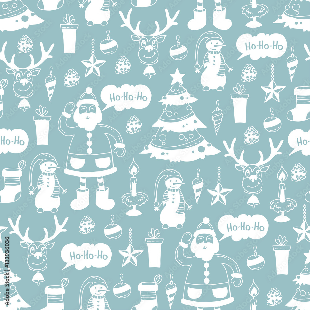 Pattern with hand drawn symbols of Merry Christmas, Happy New Year on gray color