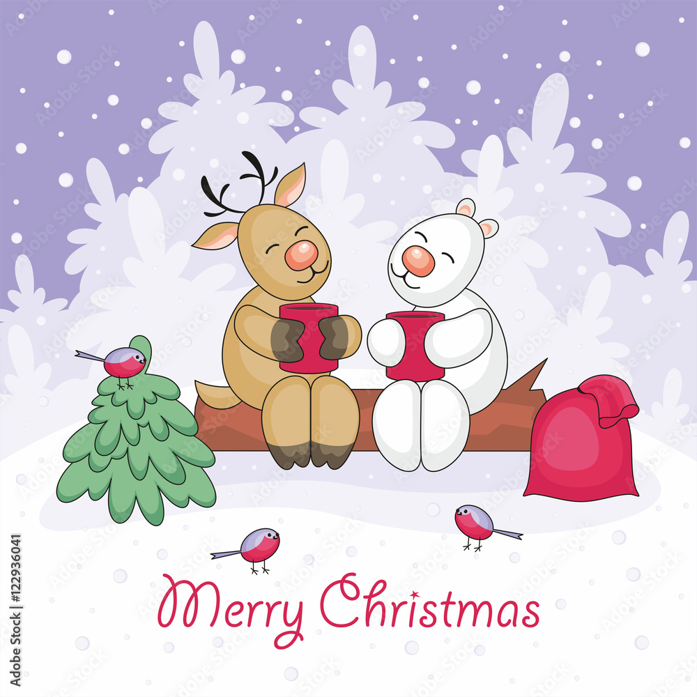 Fototapeta premium Christmas greeting card with the image of funny animals and Christmas tree