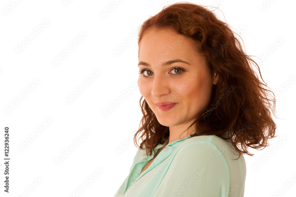 Attractive confident business woman with brown hair standing iso Attractive confident business woman with brown hair standing iso
