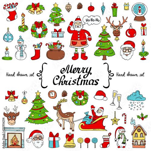 Vector set with hand drawn isolated colored doodles on the  theme of Merry Christmas, Happy New Year on white color