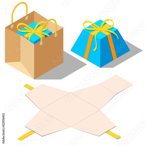 Opened and closed present gift boxes with ribbon bow
