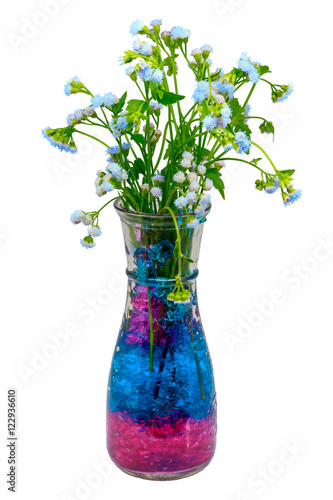 Beautiful flowers in glass bottle with hydrogel isolated on whit