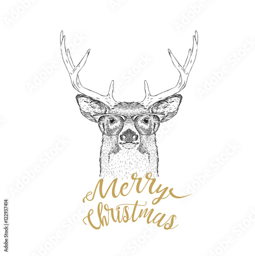 Christmas card with deer. Merry Christmas lettering design. Vector illustration