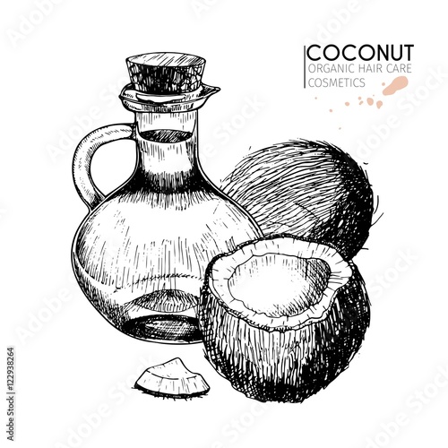 Vector set of hair care ingredients. Organic hand drawn elements. Coconuts, slices, bottle oil.