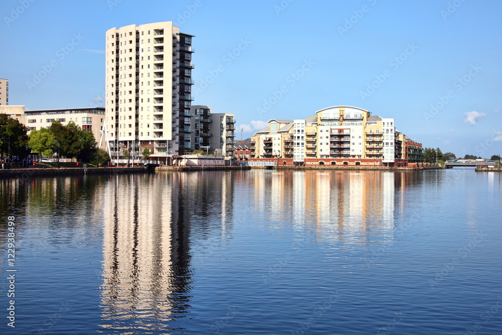 Roath Basin in Cardiff Bay Wales gives access to Roath Lock which was opened in 1887