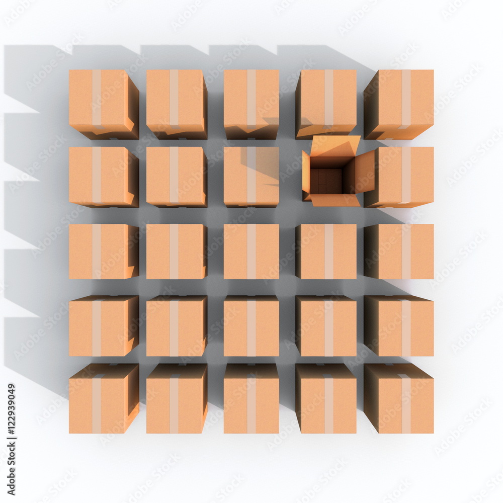 3d illustration rendering of multiple brown closed boxes square grid with an opened one 3d illustration rendering of multiple brown closed boxes square grid with an opened one