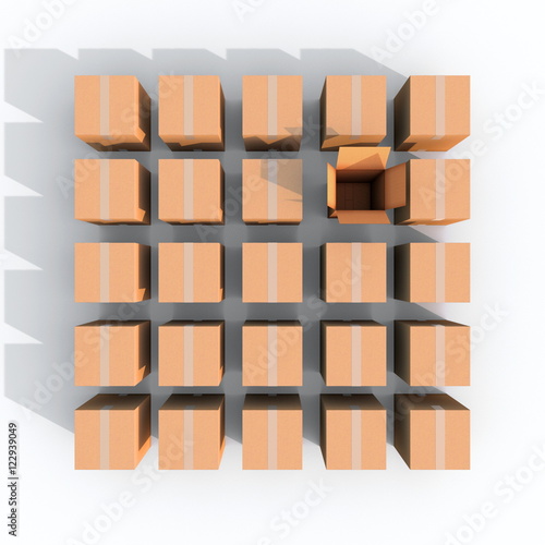 Billede på lærred 3d illustration rendering of multiple brown closed boxes square grid with an ope