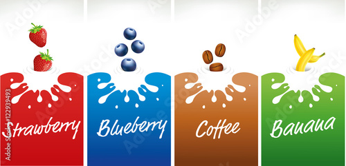 milk splash with strawberry, blueberry, coffee, banana