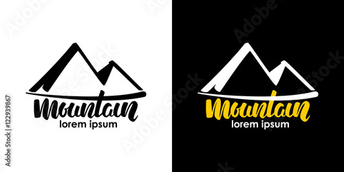 Vector illustration: Mountain Hand Drawn Emblem Template. Handwritten lettering of Mountain isolated on white and black background