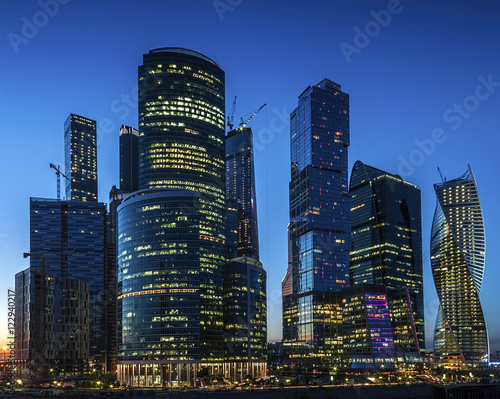 Moscow-city at evening (Moscow International Business Center) against the backdrop of the sunset sky, Moscow, Russia.