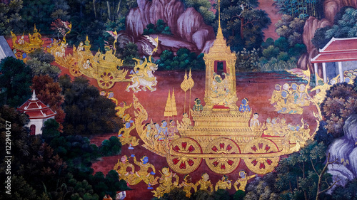 Photography Masterpiece of traditional Thai style painting art old (1931) of Ramayana story on the temple wall of famous Wat Phra Kaew in Bangkok, Thailand