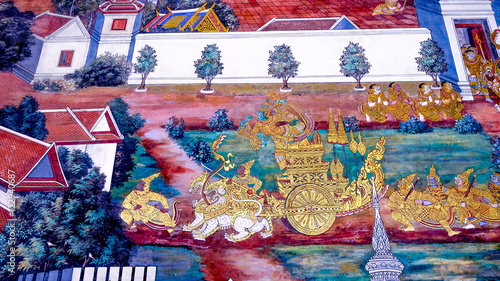 Masterpiece of traditional Thai style painting art old (1931) of Ramayana story on the temple wall of famous Wat Phra Kaew in Bangkok, Thailand..Photo taken on: Oct 6th, 2016 © iphotothailand