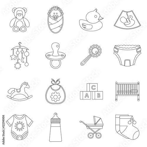 Newborn icons set in outline style. Baby toys, feeding and care set collection vector illustration