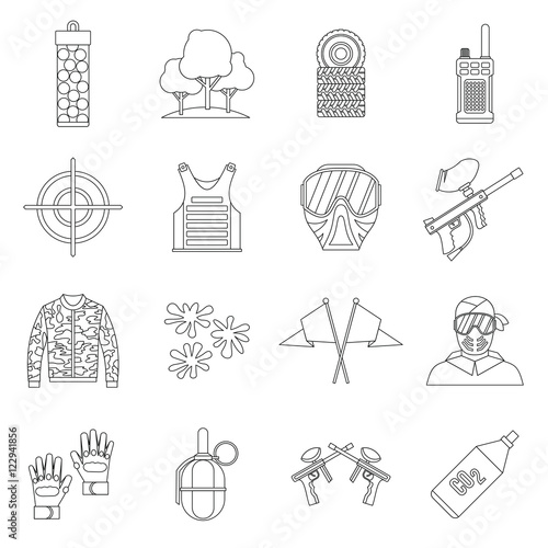 Paintball icons set in outline style. Airsoft equipment set collection vector illustration