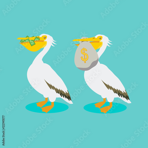 White pelican holding in its beak cash, money bag. Talisman of wealth. The bird brings and protects money.