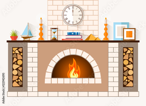 The design of the fireplace. Room with a large brick fireplace with chimney, mantel decorations and souvenirs. Vector illustration.