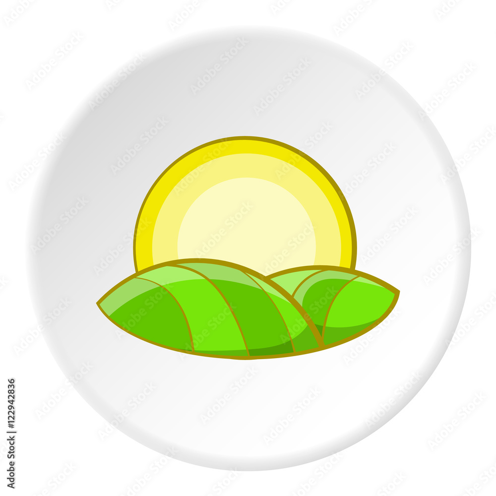 Hill and sun icon in cartoon style isolated on white circle background. Nature symbol vector illustration Hill and sun icon in cartoon style isolated on white circle background. Nature symbol vector illustration