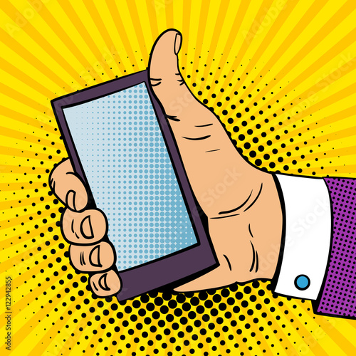 Pop art background with male hand with thumb up holding a smartphone with empty screen for your offer . Vector colorful hand drawn illustration in retro comic style.