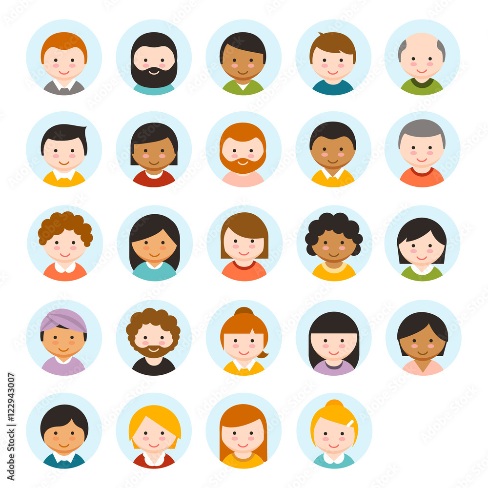 People user pics icons in flat style. Different male and female avatars. Men women faces collection set. People user pics icons in flat style. Different male and female avatars. Men women faces collection set.