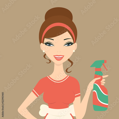 An illustration of a beautiful woman cleaning with detergent spray