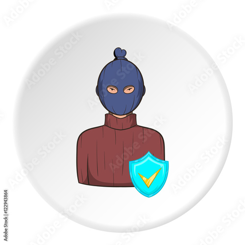 Robber and sign security icon in cartoon style isolated on white circle background. Safety symbol vector illustration