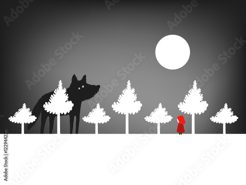 Little Red Riding Hood in the forest, vector illustration