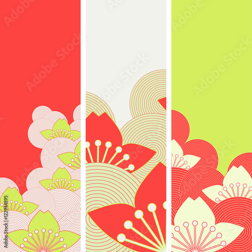 bookmarks set with stylized lotus in fresh green and red shades