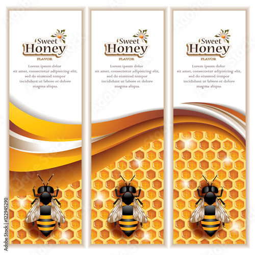Vector Abstract Honey Banners with Honeycombs, Working Bees and Space for Text