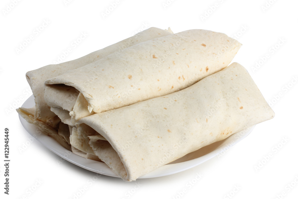 Burrito and ingredients on a white background
