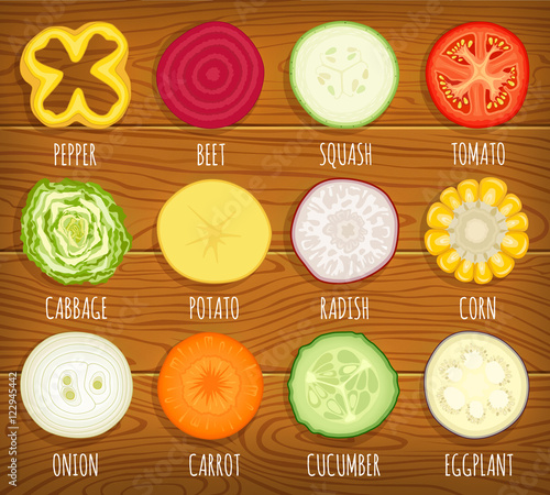 Set of sliced vegetables. Vector icon collection of vegetable cut in half, slide circle, cross section.