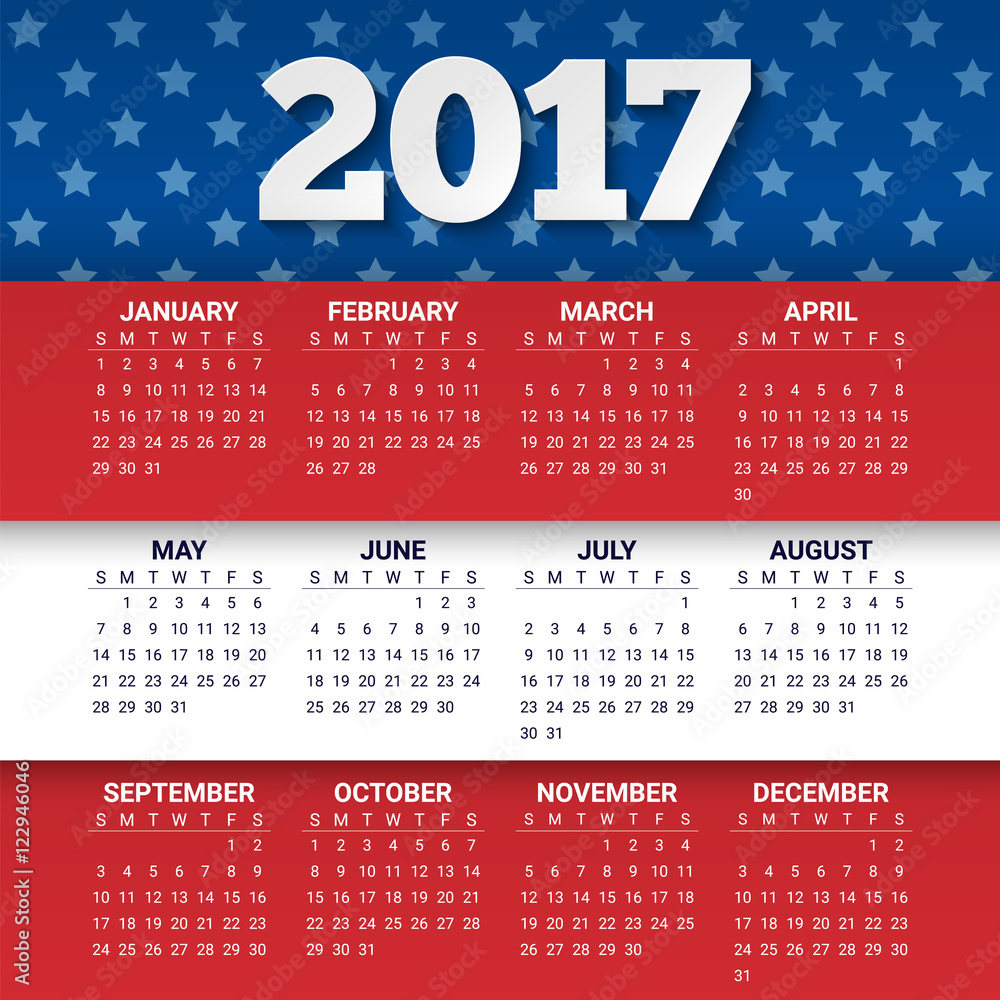 Calendar for 2017 Year in colors of USA flag with stars and stripes ...