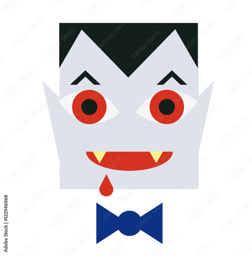 Cartoon vampire face. Halloween character design. Modern simple and clear  design card. Vector icon. Dracula Funny white face. Curves of yellow teet.  Illustration for kids, card Halloween, print. Stock Vector | Adobe