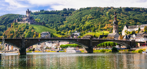 Romantic river Rhein - medieval Cochem town. View of bridge and castle