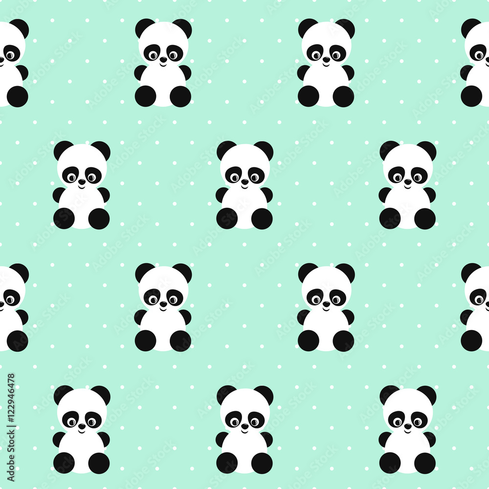 Panda seamless pattern on polka dots green background. Cute design for print on baby's clothes, textile, wallpaper, fabric. Vector background with smiling baby animal panda. Child style illustration.