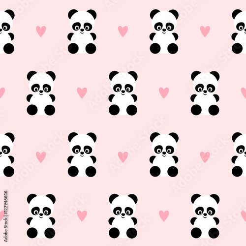 Fototapeta Naklejka Na Ścianę i Meble -  Panda with hearts seamless pattern on pink background. Design for Saint Valentine's Day. Vector background with smiling baby animal panda. Baby girl illustration.