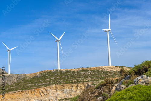 Windmills in the countryside of Naxos island, Cyclades, Greece.