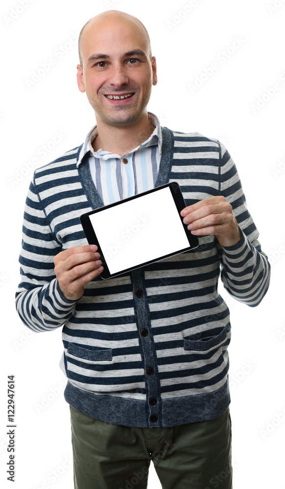 casual man presenting somenhing on blank digital tablet casual man presenting somenhing on blank digital tablet