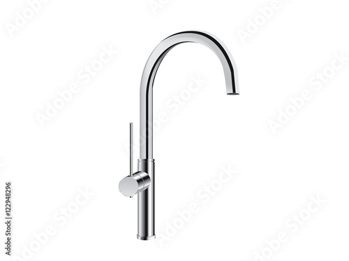 Silver kitchen faucet isolated on white. Align chrome one handle high arc pull down bar faucet.