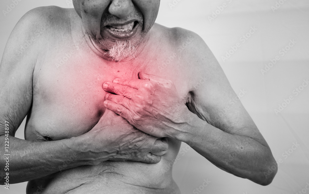 Naklejka premium acute pain possible heart attack, senior man is clutching he che