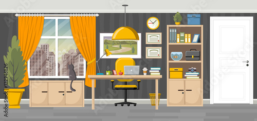 Office workspace background with desk. Business workplace in the city.

