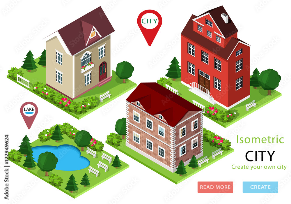 Isometric city houses with green yards, trees, benches and park with lake. Set of cute detailed buildings. Vector illustration.