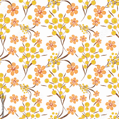 Floral seamless pattern , yellow, orange flowers white background. For printing on fabric and paper