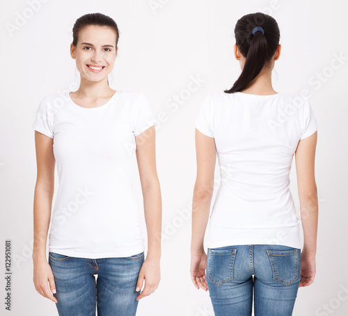 T-shirt design and people concept - close up of young woman in blank white t-shirt. Clean shirt mock up for design set.