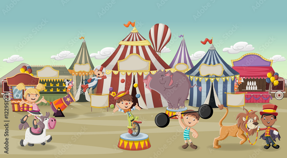 Cartoon characters and animals in front of retro circus with tents. Vintage  carnival background with children. Stock Vector | Adobe Stock