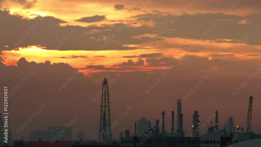 city downtown with oil refinery in twilight sky, time lapse city downtown with oil refinery in twilight sky, time lapse