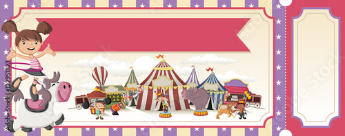 Ticket with cartoon characters in front of retro circus. Vintage carnival background with children.