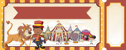 Ticket with cartoon characters in front of retro circus. Vintage carnival background with children.